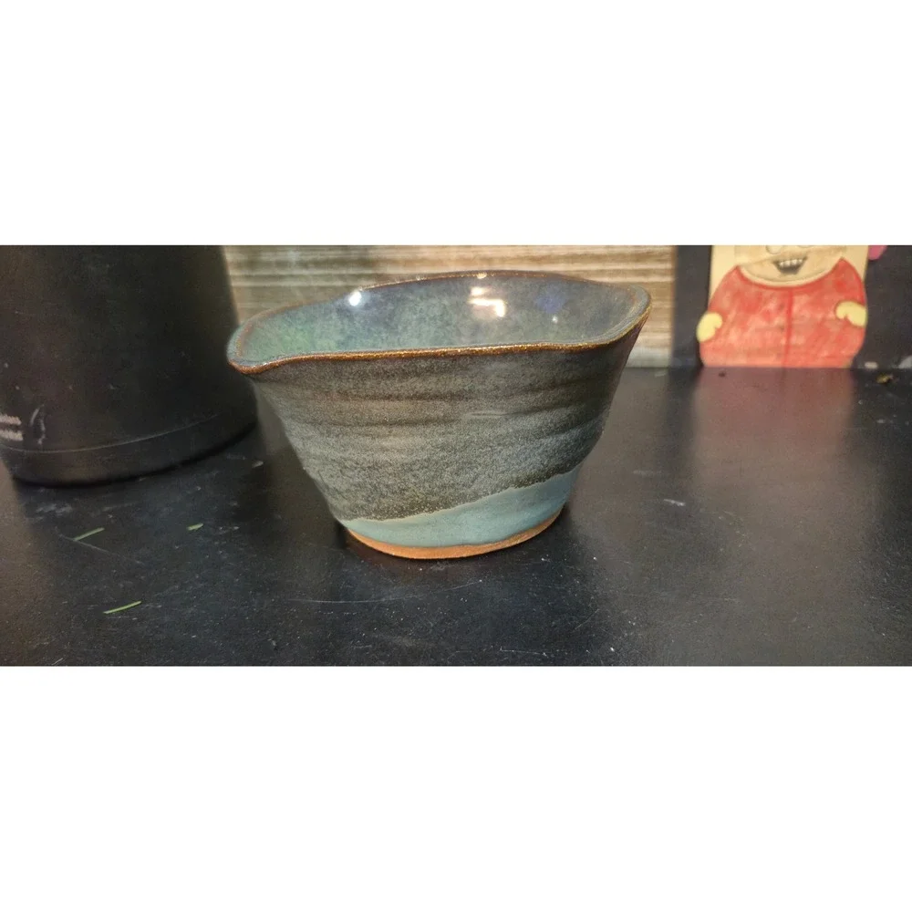 Studio Pottery Handcrafted Glazed Ceramic Bowl with Spout Green Blue Earthy